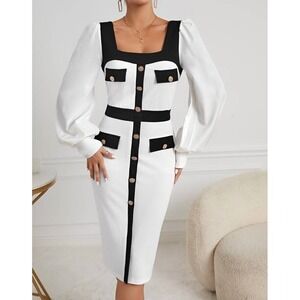 White Black Midi Dress‎ Long Balloon Sleeve Button  sizeS/M stretchy